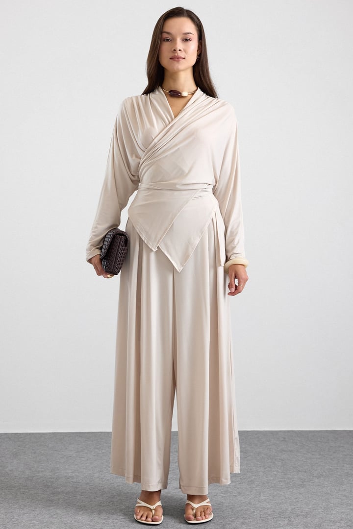 Asimetrik Kesim Şalvar Pantolon Kimono Takım BEJ 9475-TK
