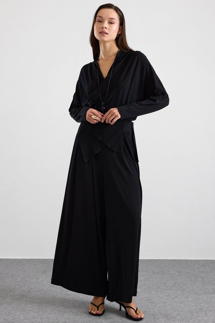 Asimetrik Kesim Şalvar Pantolon Kimono Takım SİYAH 9475-TK