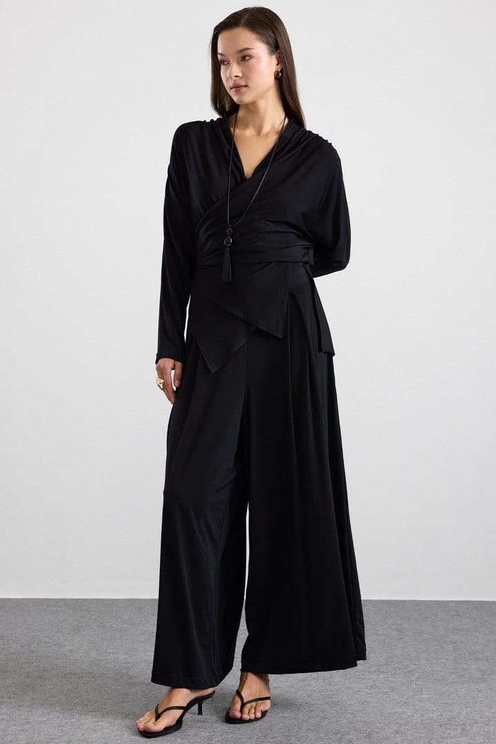 Asimetrik Kesim Şalvar Pantolon Kimono Takım SİYAH 9475-TK
