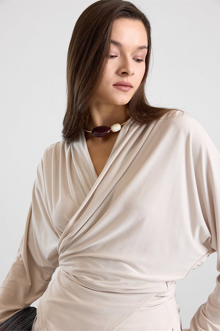 Asimetrik Kesim Şalvar Pantolon Kimono Takım BEJ 9475-TK