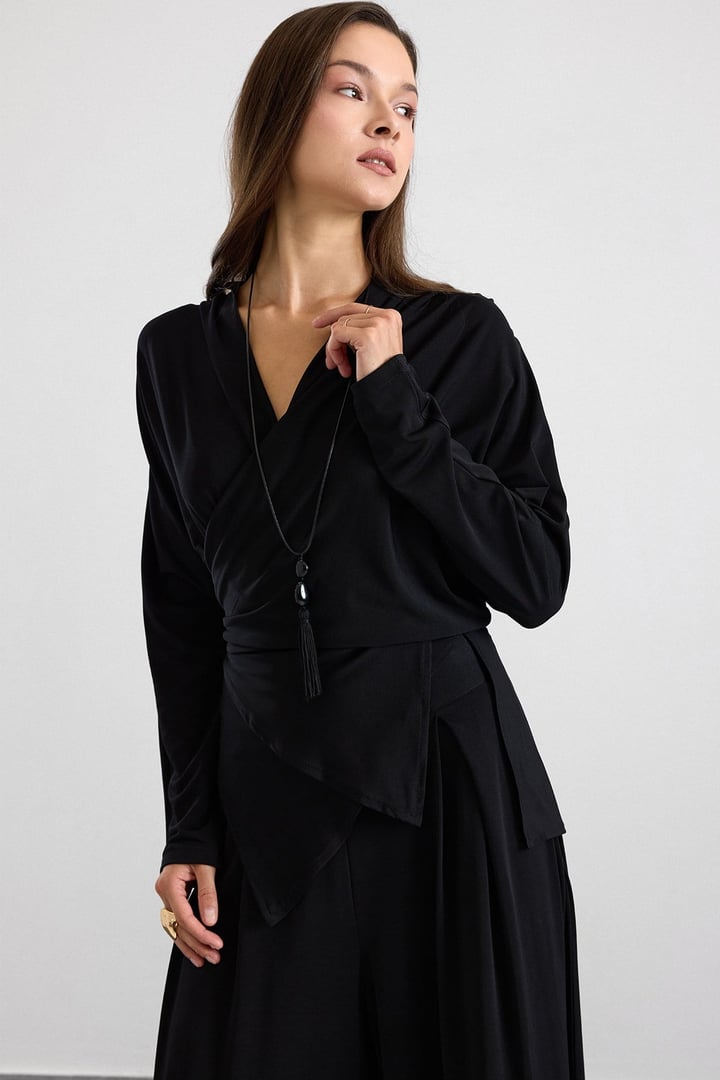 Asimetrik Kesim Şalvar Pantolon Kimono Takım SİYAH 9475-TK