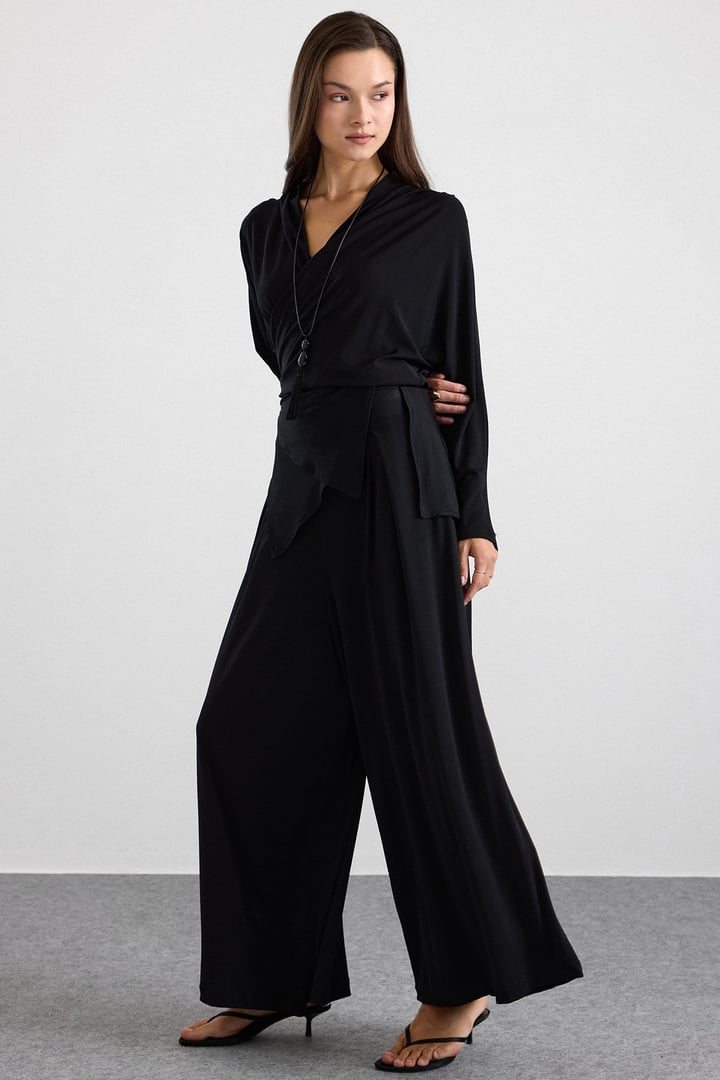 Asimetrik Kesim Şalvar Pantolon Kimono Takım SİYAH 9475-TK