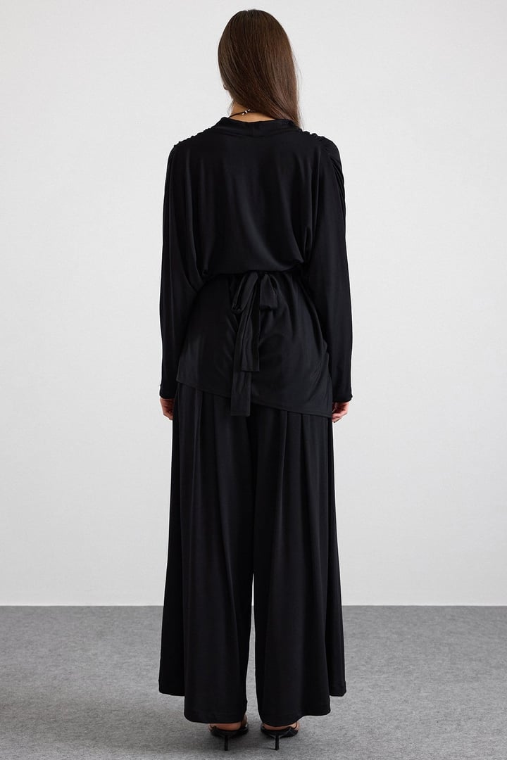 Asimetrik Kesim Şalvar Pantolon Kimono Takım SİYAH 9475-TK