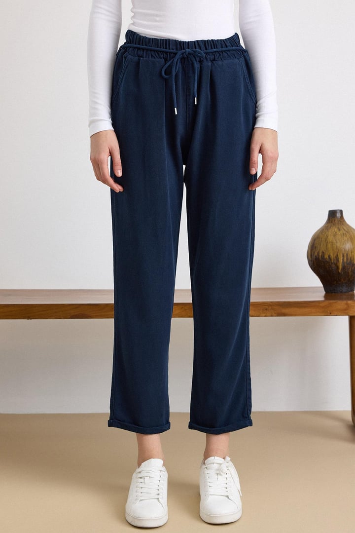 Bağcık Detaylı Beli Lastikli Soft Denim Pantolon LACİVERT 7586
