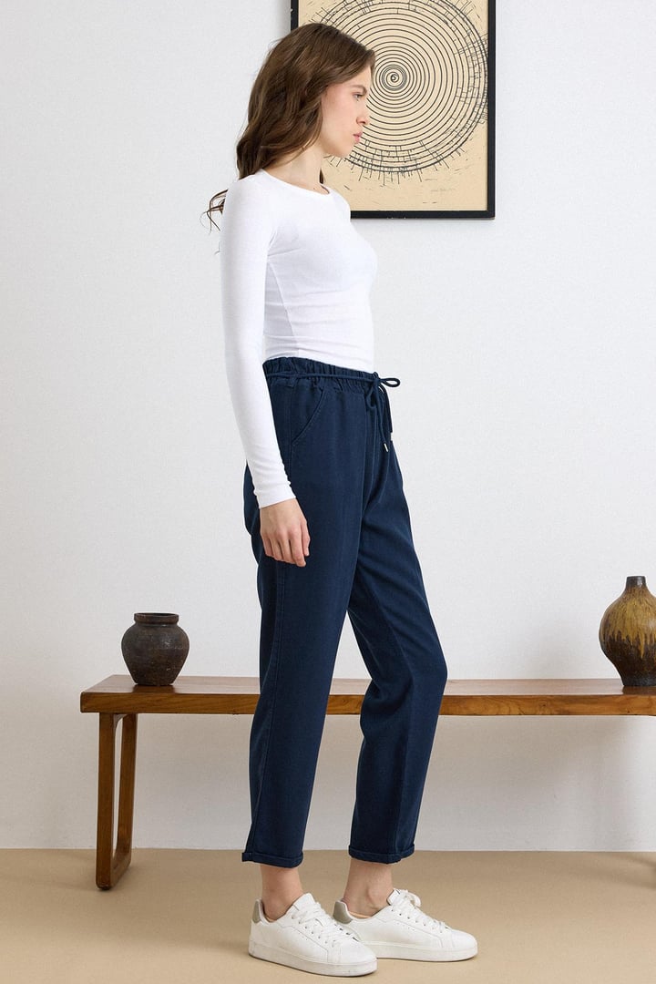 Bağcık Detaylı Beli Lastikli Soft Denim Pantolon LACİVERT 7586