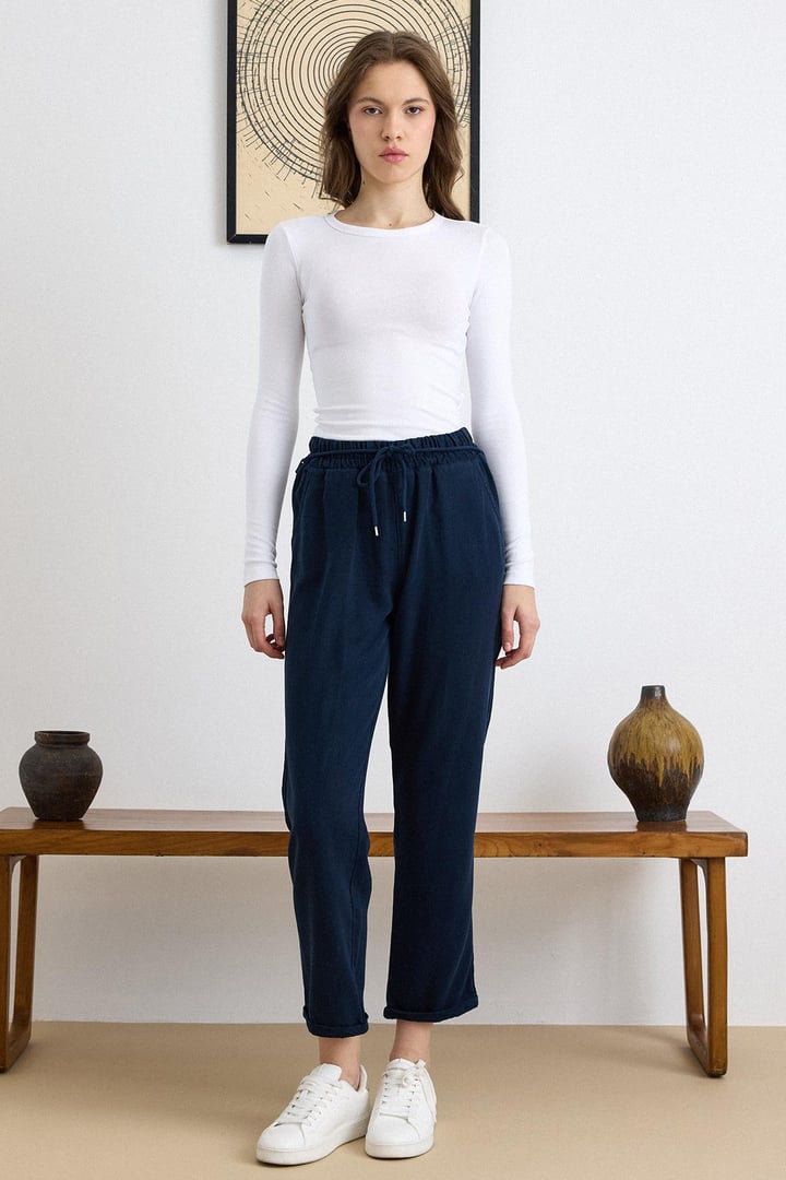 Bağcık Detaylı Beli Lastikli Soft Denim Pantolon LACİVERT 7586