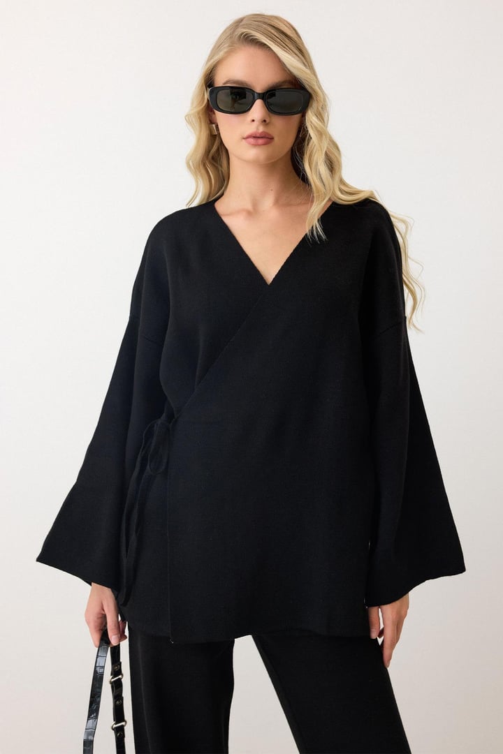 Bağcık Kapamalı Kimono Pantolon Triko Takım SİYAH 9364-TK