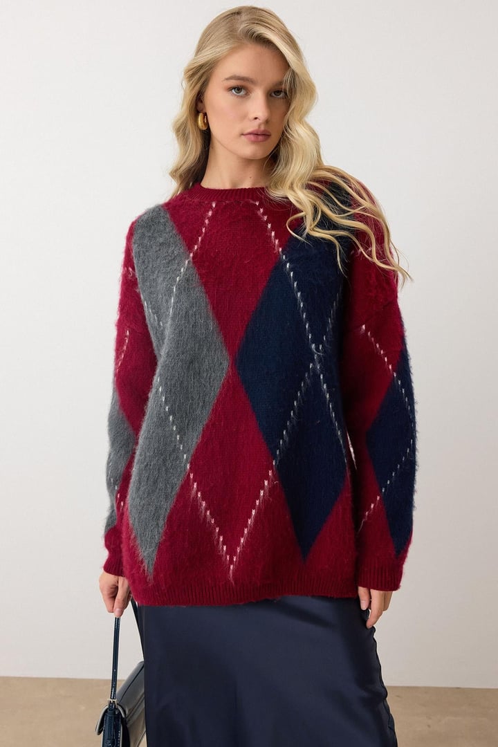 Baklava Desen Oversize Triko Kazak BORDO 8272