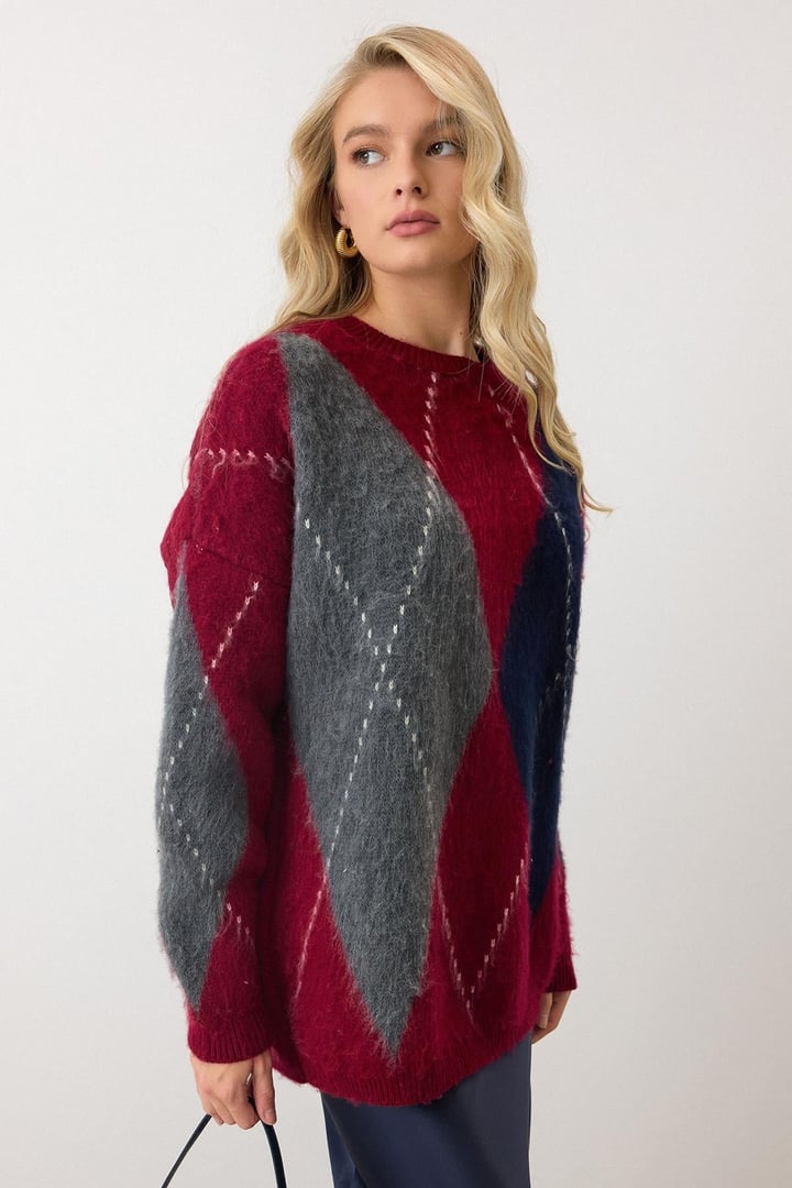 Baklava Desen Oversize Triko Kazak BORDO 8272