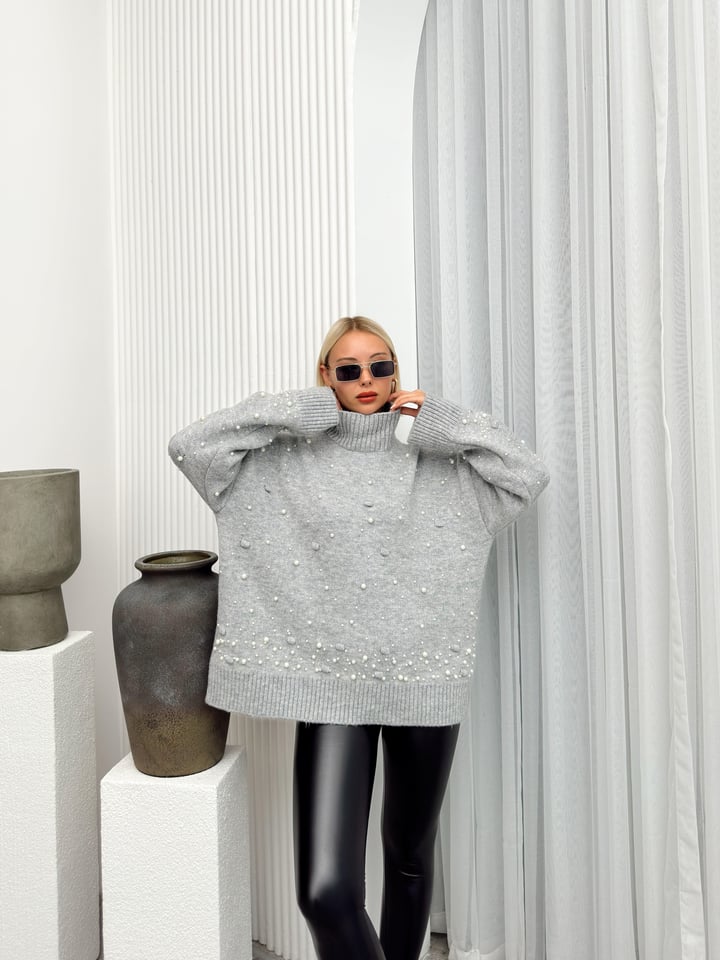 Balıkçı Yaka İnci Detaylı Oversize Triko Kazak GRİ 8240