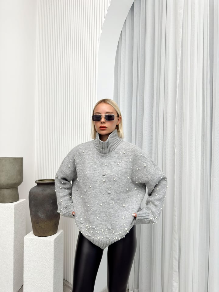 Balıkçı Yaka İnci Detaylı Oversize Triko Kazak GRİ 8240