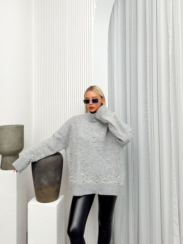 Balıkçı Yaka İnci Detaylı Oversize Triko Kazak GRİ 8240
