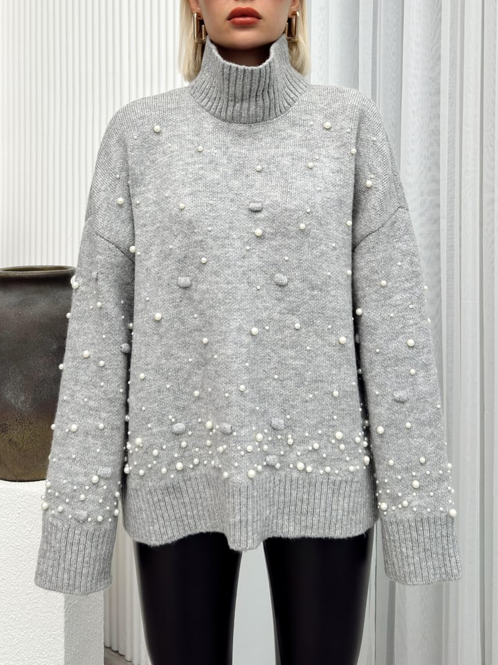 Balıkçı Yaka İnci Detaylı Oversize Triko Kazak GRİ 8240