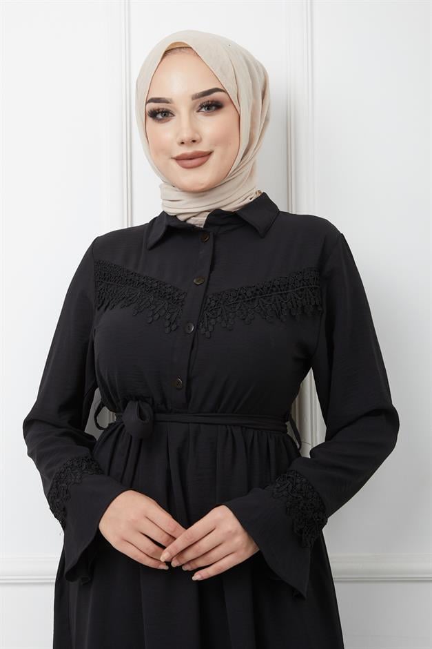 Beli Büzgülü Dantel Detaylı Elbise SİYAH 4014-E