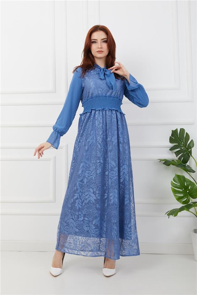 Beli Büzgülü Dantelli Elbise MAVİ 9894-E