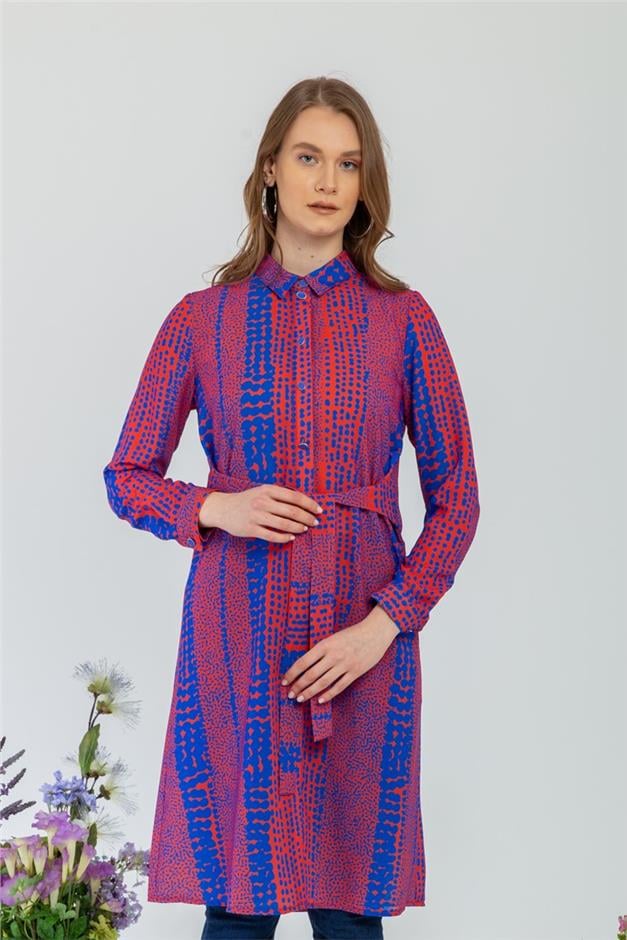 Beli Kuşaklı Desenli Tunik SAKS-ORANJ 9794