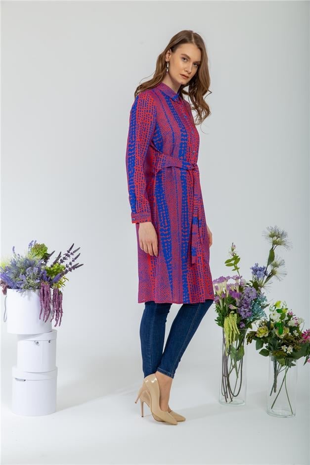 Beli Kuşaklı Desenli Tunik SAKS-ORANJ 9794