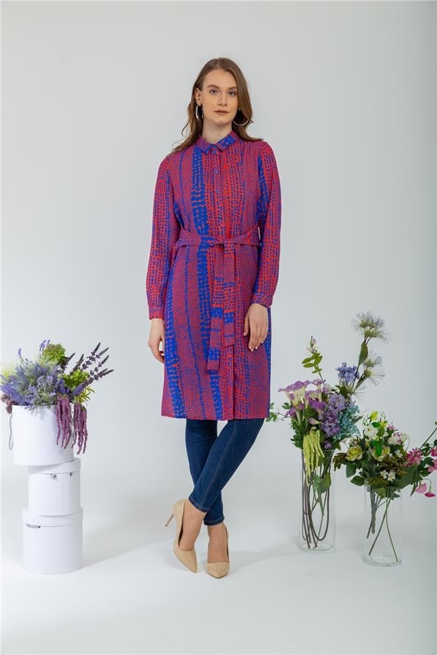 Beli Kuşaklı Desenli Tunik SAKS-ORANJ 9794