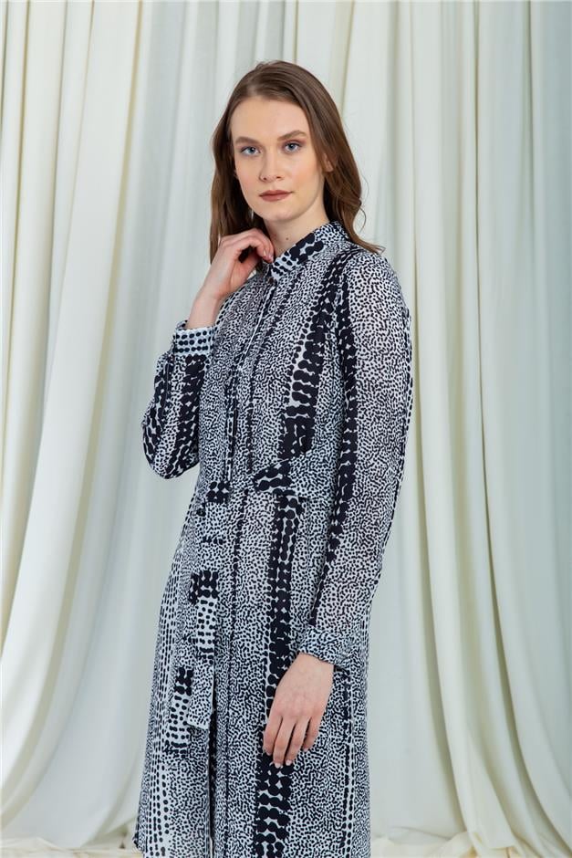Beli Kuşaklı Desenli Tunik SİYAH-BEYAZ 9794