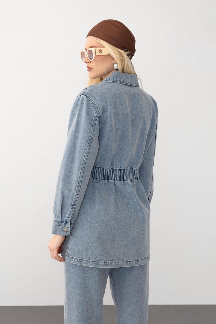 Beli Lastik Detaylı Ceket Pantolon Denim Takım MAVİ 9265-TK