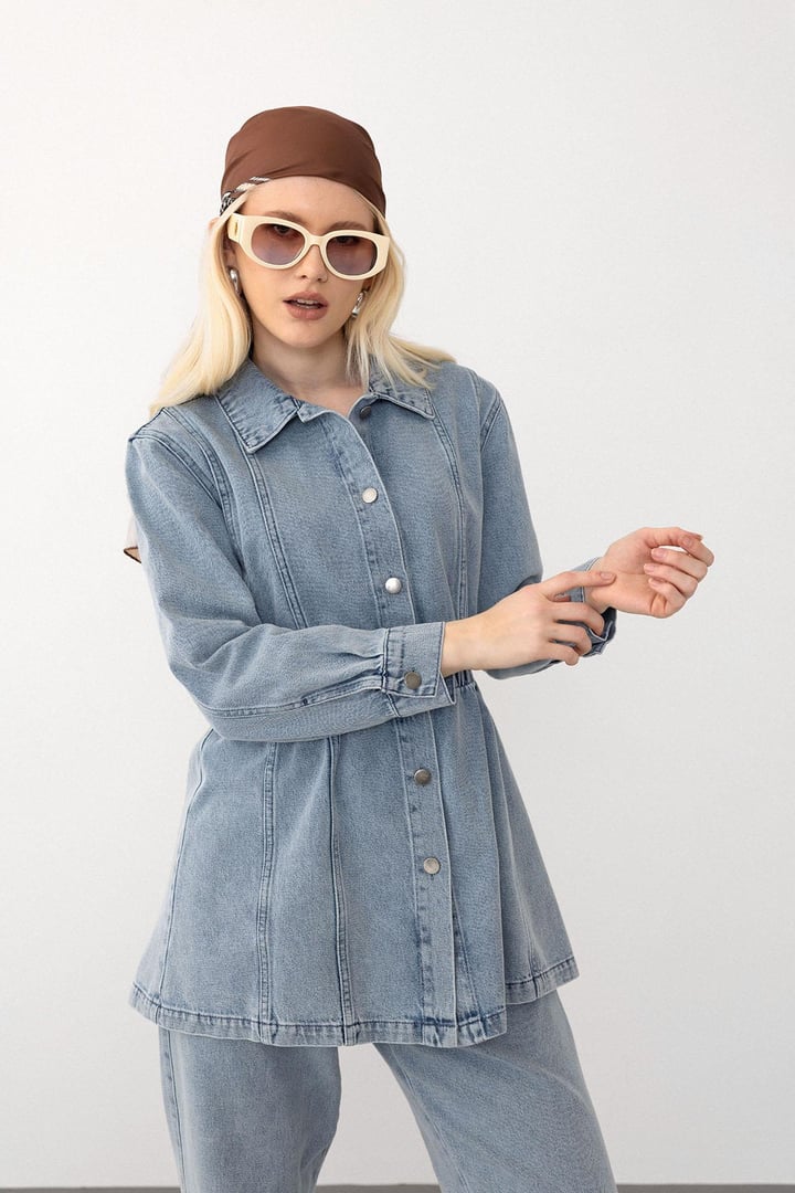 Beli Lastik Detaylı Ceket Pantolon Denim Takım MAVİ 9265-TK