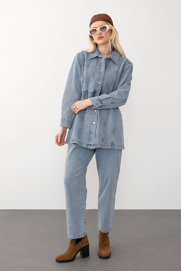 Beli Lastik Detaylı Ceket Pantolon Denim Takım MAVİ 9265-TK