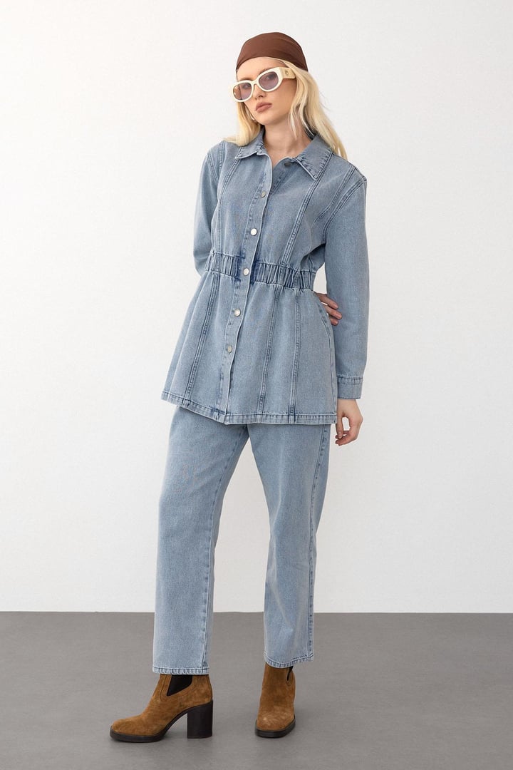 Beli Lastik Detaylı Ceket Pantolon Denim Takım MAVİ 9265-TK