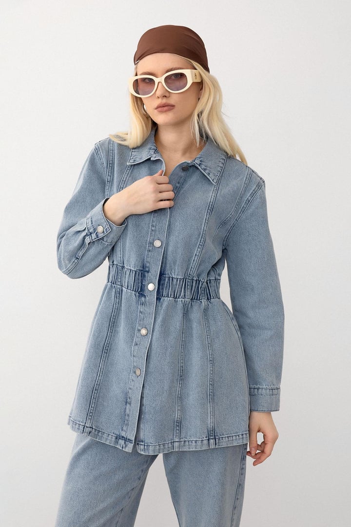 Beli Lastik Detaylı Ceket Pantolon Denim Takım MAVİ 9265-TK