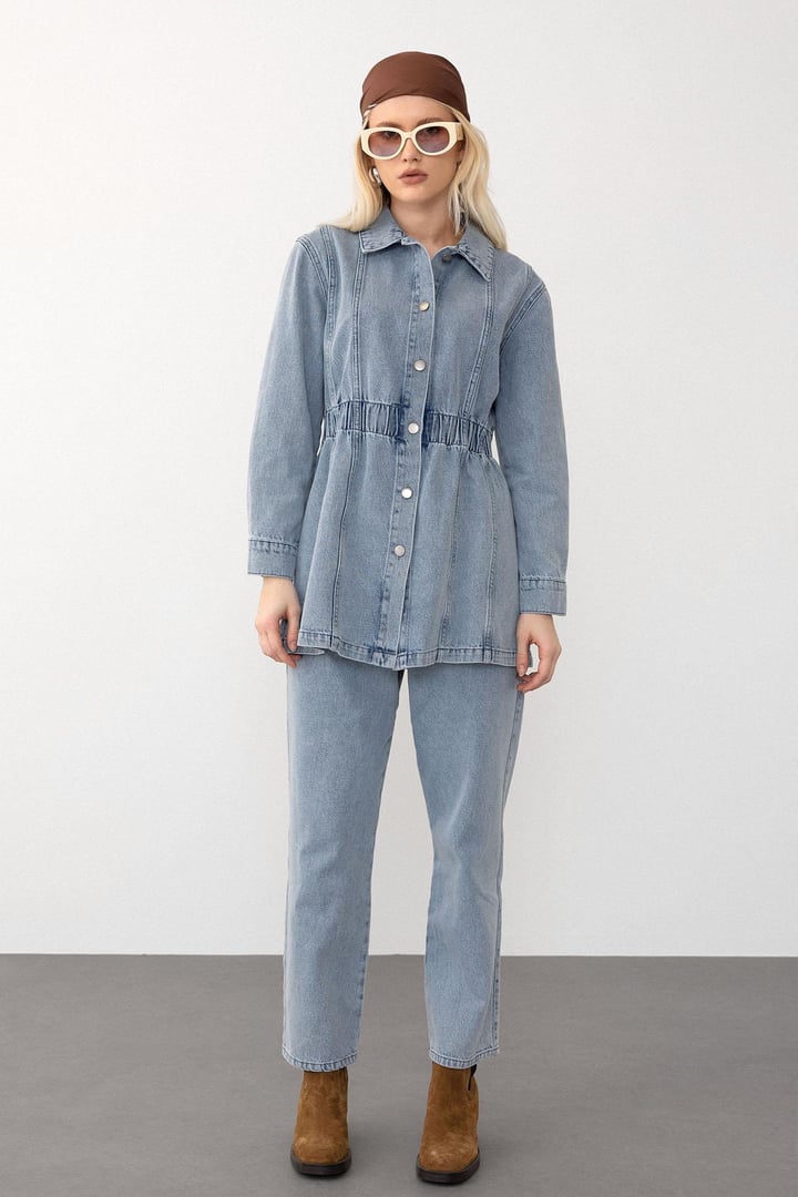Beli Lastik Detaylı Ceket Pantolon Denim Takım MAVİ 9265-TK