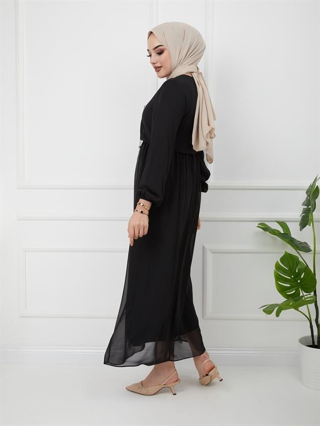 Beli Lastikli Kolyeli Elbise SİYAH 9761-E
