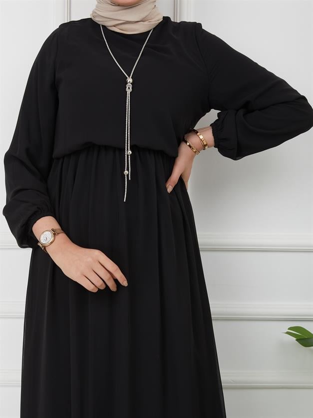 Beli Lastikli Kolyeli Elbise SİYAH 9761-E