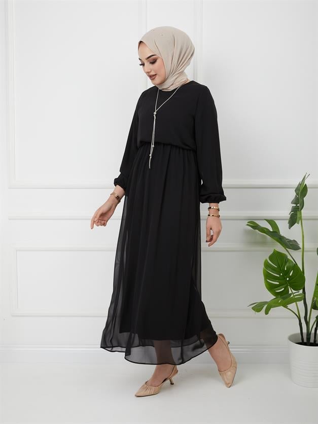 Beli Lastikli Kolyeli Elbise SİYAH 9761-E