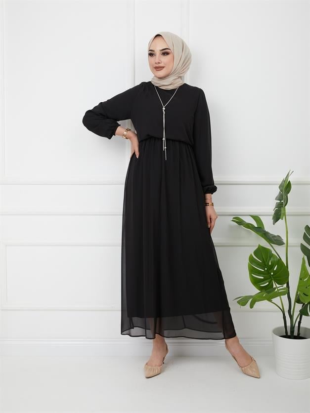 Beli Lastikli Kolyeli Elbise SİYAH 9761-E