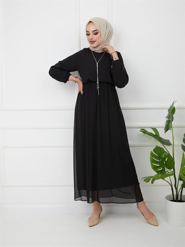 Beli Lastikli Kolyeli Elbise SİYAH 9761-E