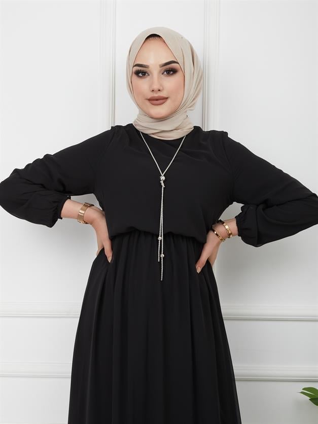Beli Lastikli Kolyeli Elbise SİYAH 9761-E