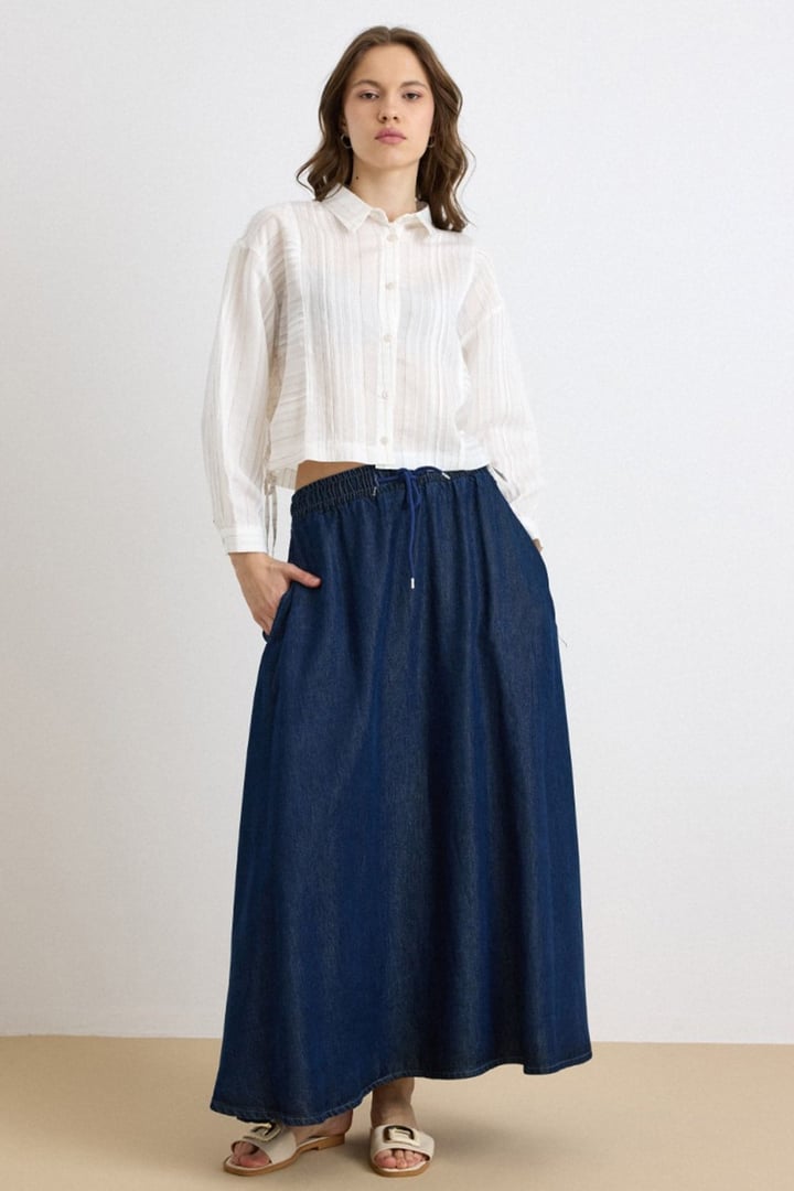 Beli Lastikli Soft Denim Etek LACİVERT 7068
