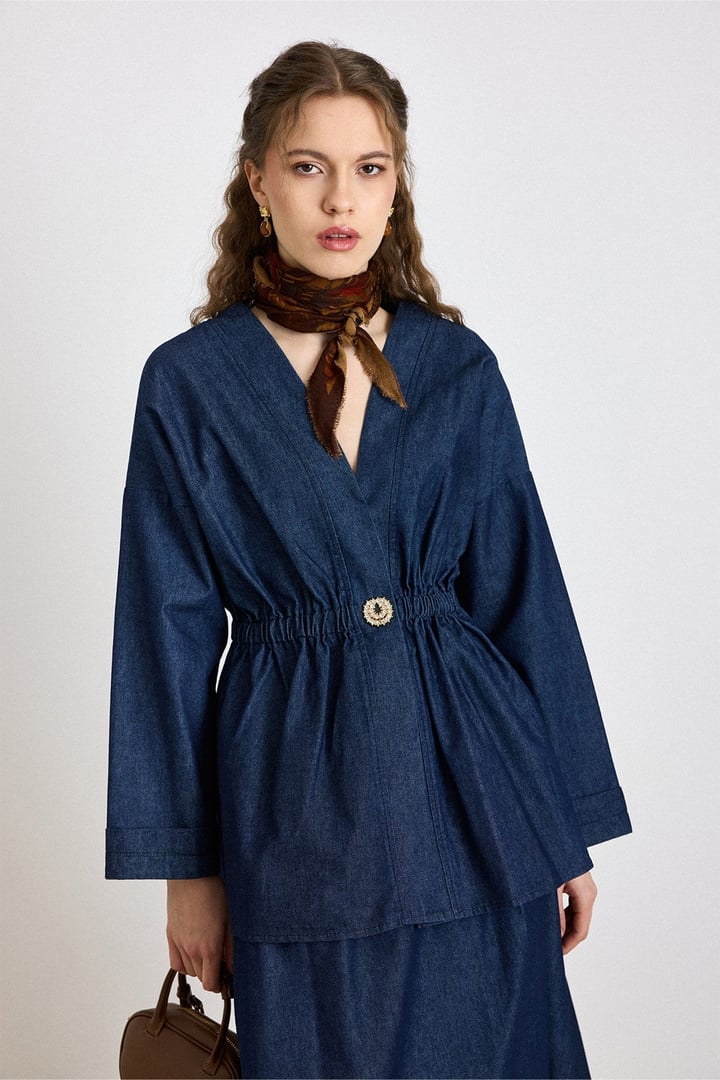 Beli Lastikli Taşlı Çıt Çıtlı Ceket Etek Denim Takım LACİVERT 9445-TK