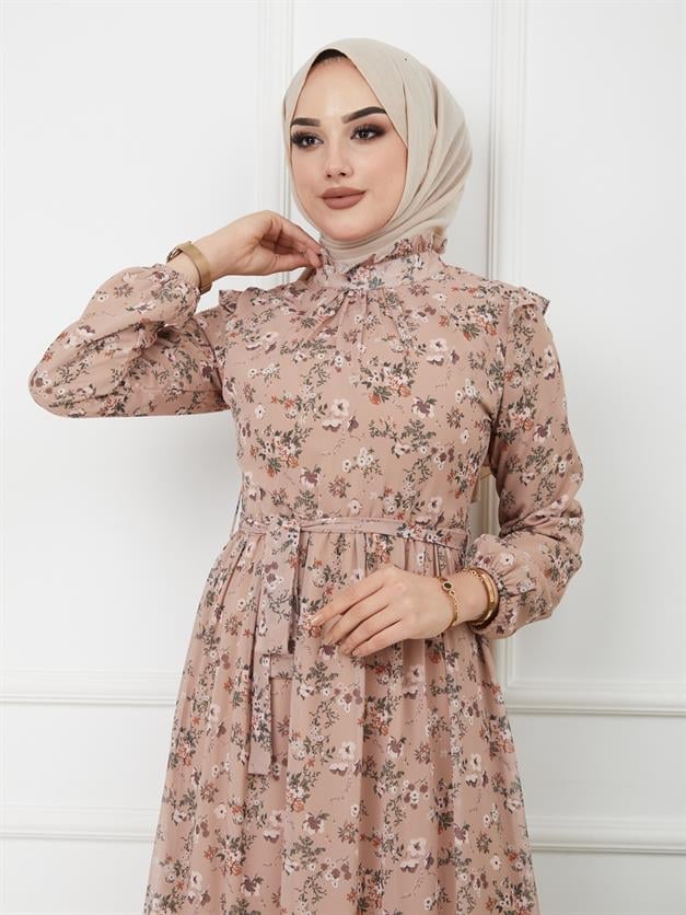 Beli ve Eteği Büzgülü Çiçek Desenli Elbise VİZON 9845-E