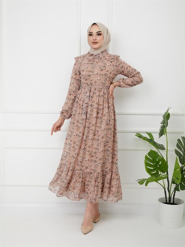 Beli ve Eteği Büzgülü Çiçek Desenli Elbise VİZON 9845-E
