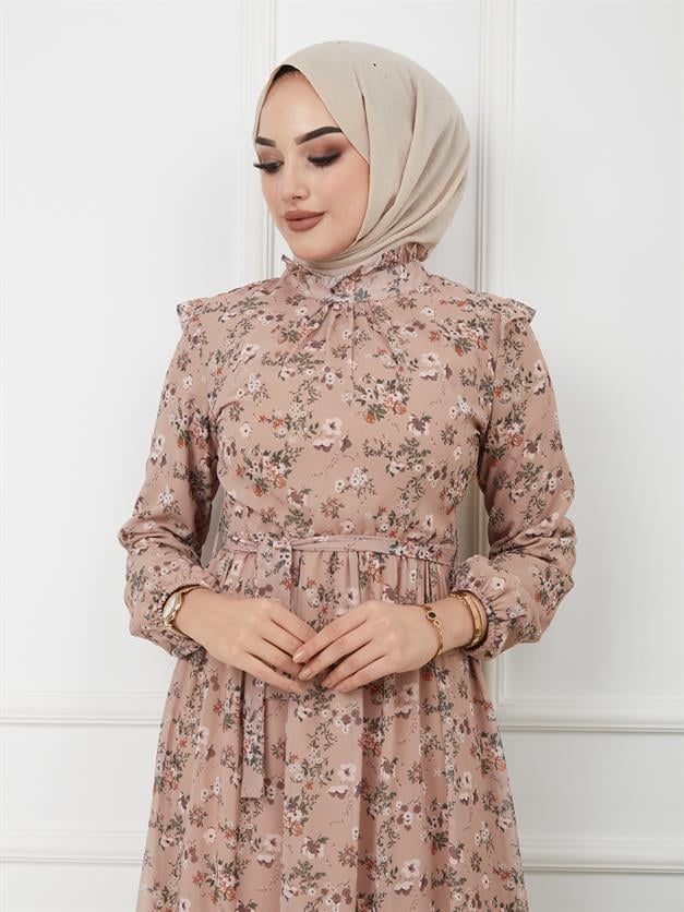 Beli ve Eteği Büzgülü Çiçek Desenli Elbise VİZON 9845-E