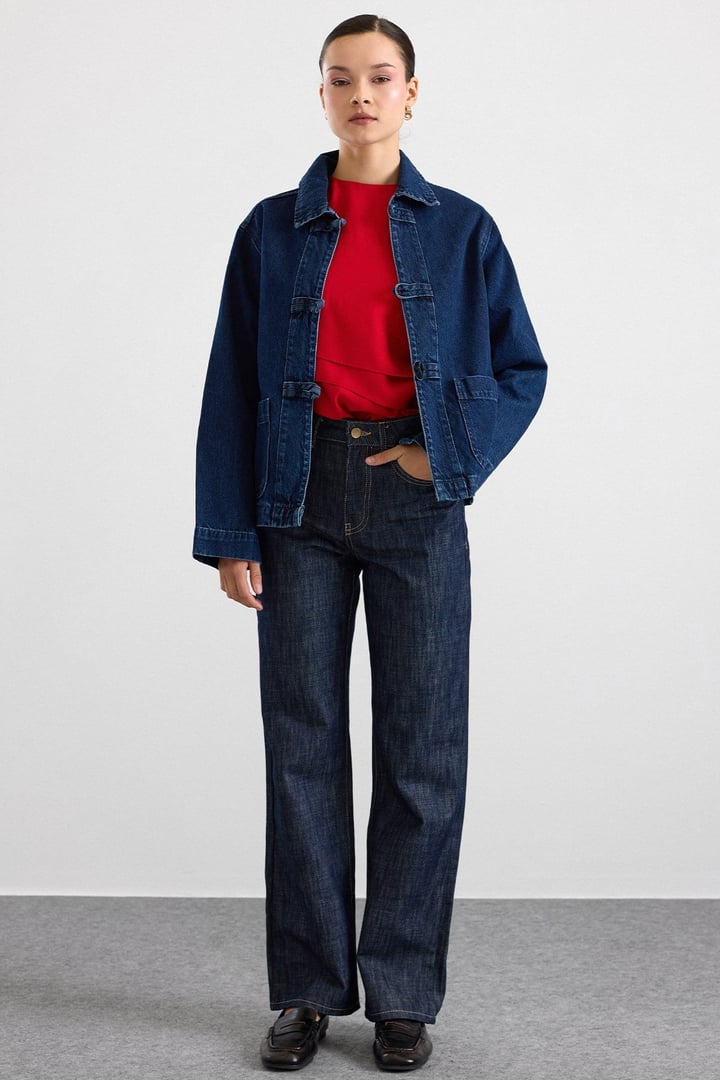 Birit Kapamalı Denim Ceket KOYU MAVİ 8297