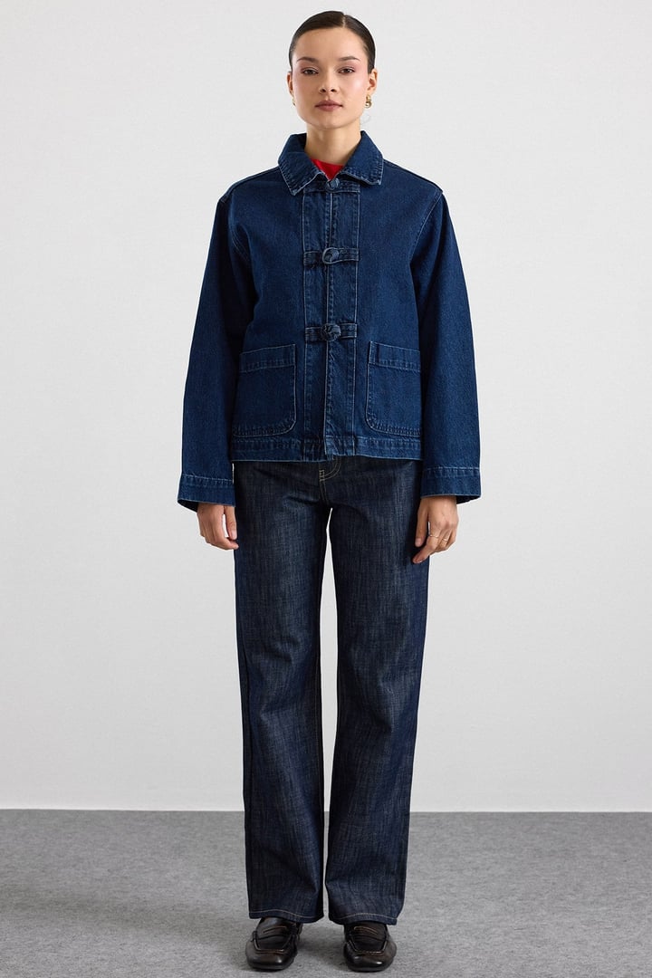 Birit Kapamalı Denim Ceket KOYU MAVİ 8297