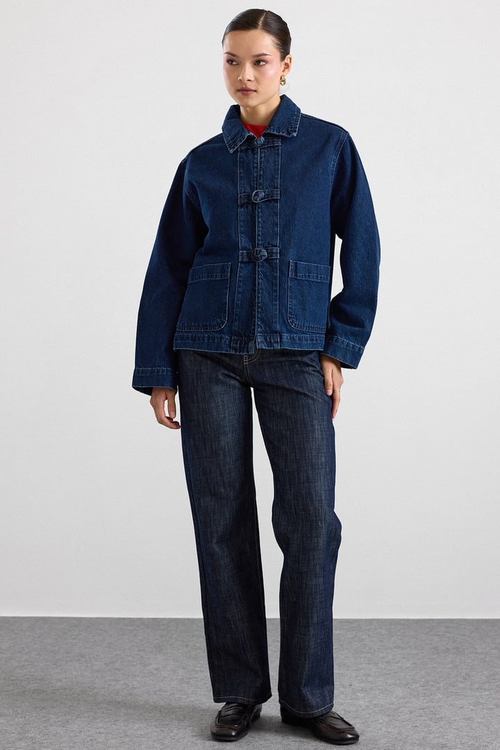 Birit Kapamalı Denim Ceket KOYU MAVİ 8297