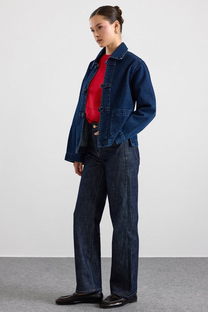 Birit Kapamalı Denim Ceket KOYU MAVİ 8297