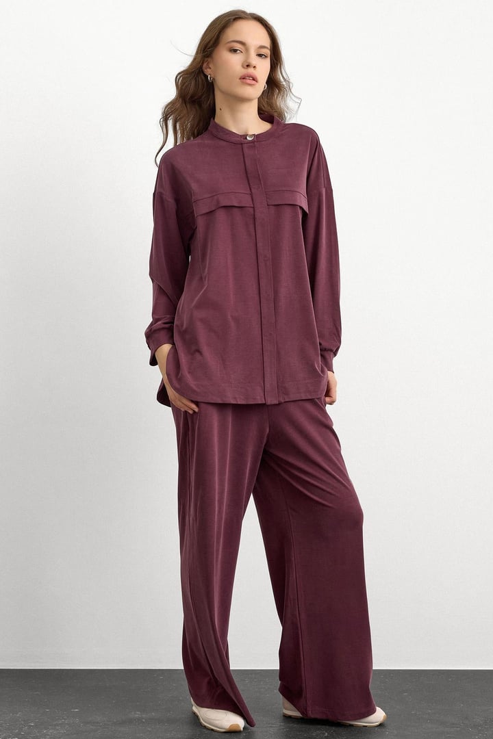 Bisiklet Yaka Önü Patlı Premium Sweat İkili Takım BORDO 9384-TK