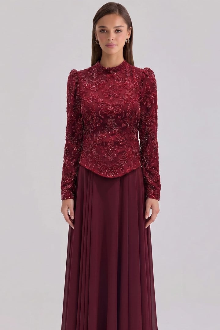 Boncuk Desenli Şifon Kombinli Exclusive Tesettür Abiye Elbise BORDO 1089