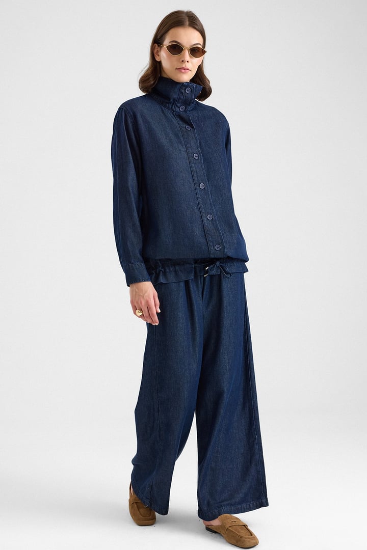 Büzgü Detaylı Soft Denim Ceket Pantolon İkili Takım LACİVERT 9472-TK