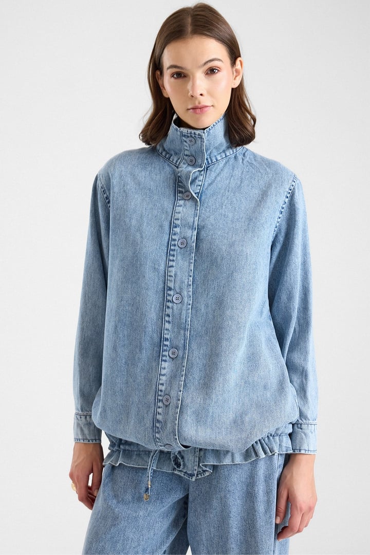 Büzgü Detaylı Soft Denim Ceket Pantolon İkili Takım MAVİ 9472-TK