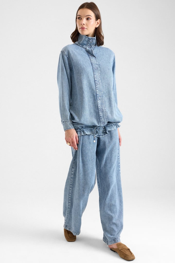 Büzgü Detaylı Soft Denim Ceket Pantolon İkili Takım MAVİ 9472-TK