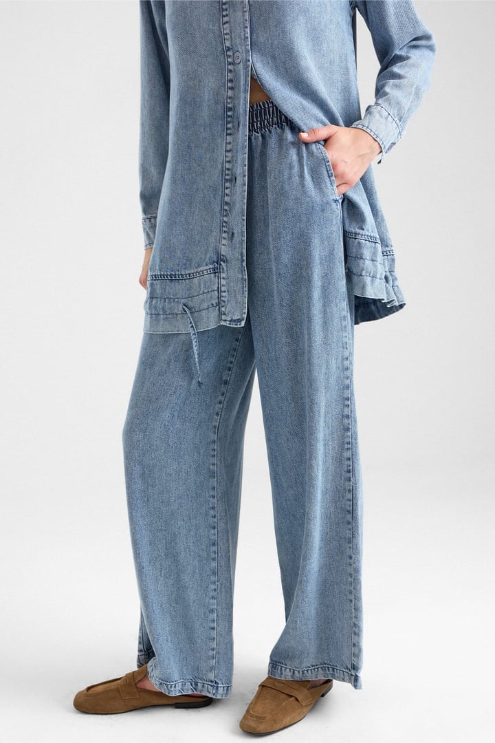 Büzgü Detaylı Soft Denim Ceket Pantolon İkili Takım MAVİ 9472-TK